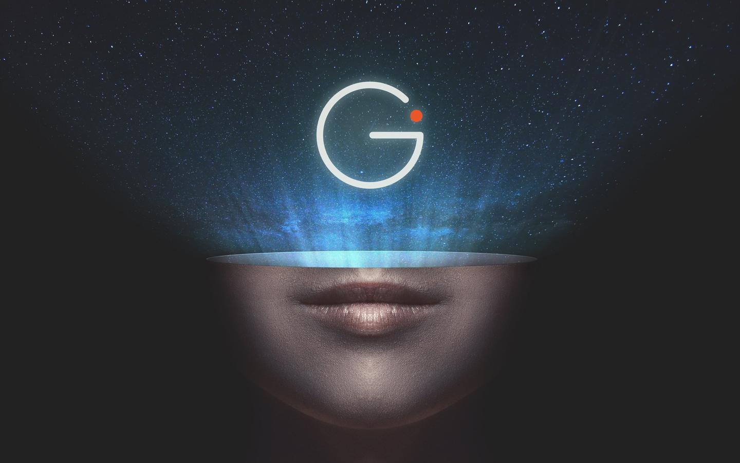 A face dissolving upward into a starry sky, with the G/O mark glowing in the light